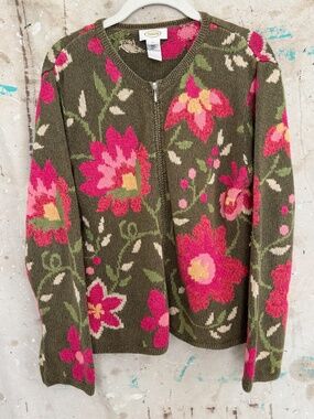 Vintage Talbots Floral Intarsia Knit Zip Up Cardigan Sweater